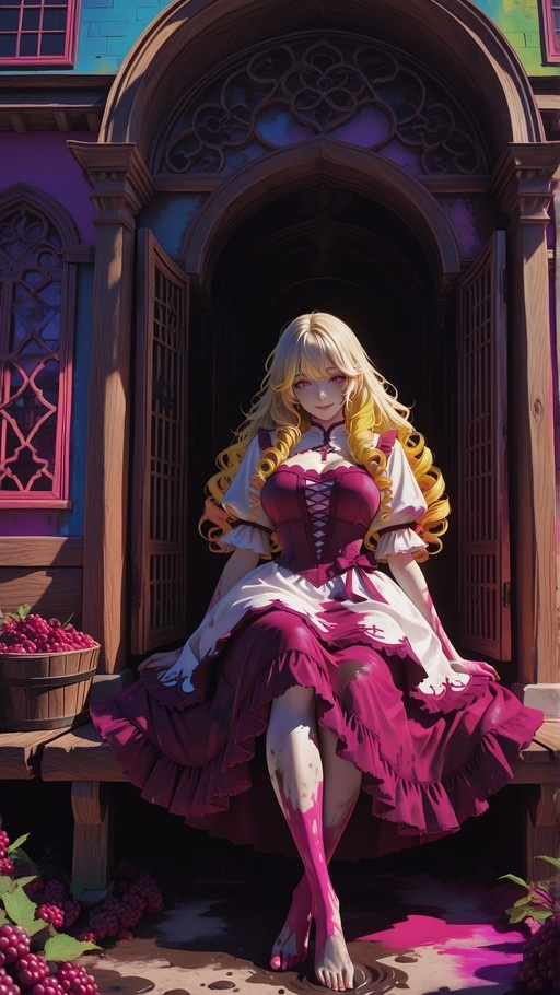 A full-body shot of a blonde anime girl with twin drills sitting barefoot on a wooden bench in front of an arched doorway, wearing a pink and white dress stained with red liquid, surrounded by grapes.