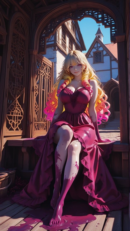 Blonde anime girl with gradient hair sitting barefoot in a puddle of pink liquid on a wooden porch.