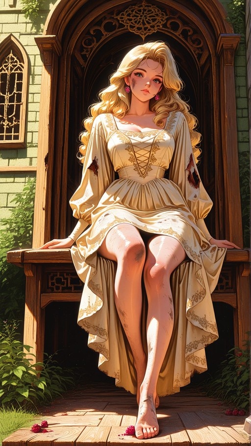 A full-body shot of a blonde woman in a torn and muddy cream-colored medieval dress sitting barefoot on a wooden bench outdoors.