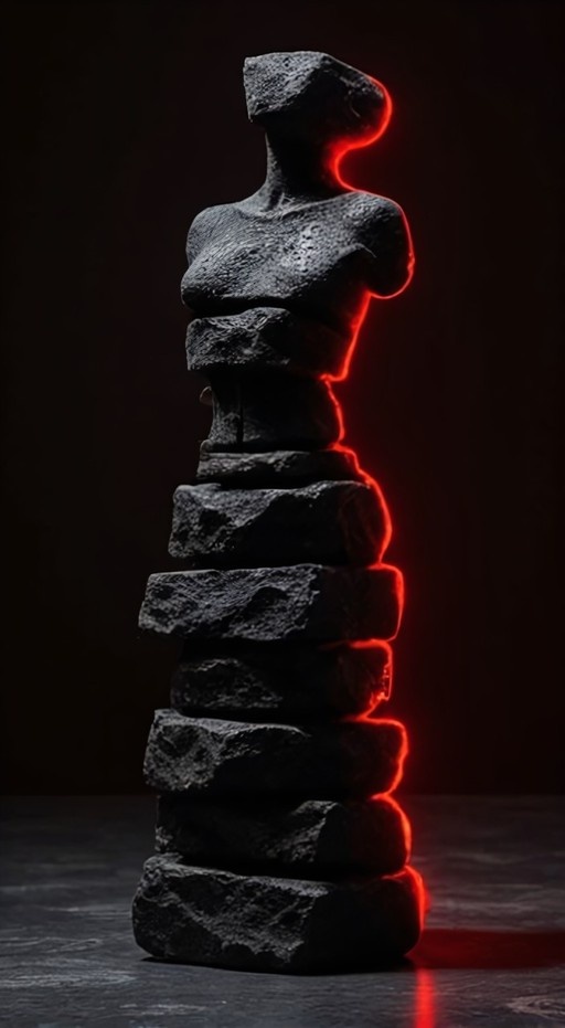 A tall, dark stone statue with a humanoid torso stands against a black background, highlighted by a bright red glow along its right side.