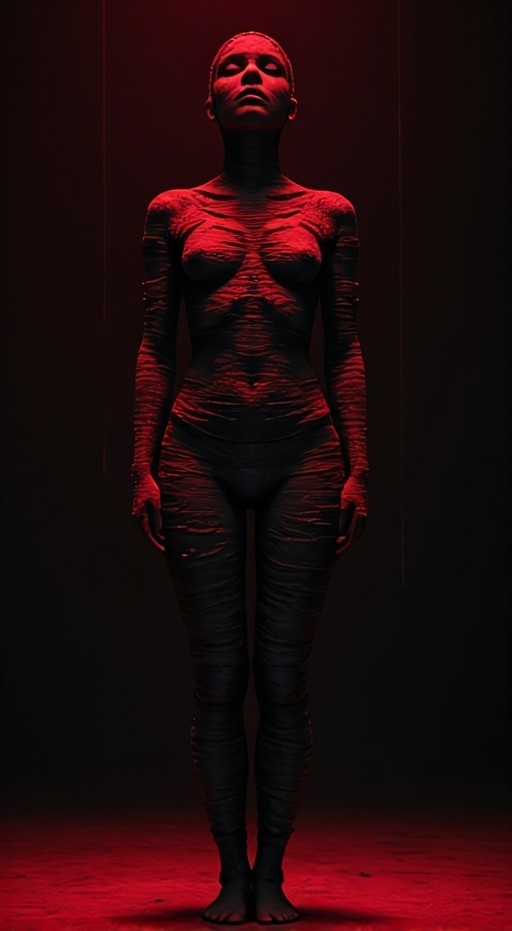 A full-body shot of an abstract female figure made of horizontal black stone slices standing under red neon light against a dark background.