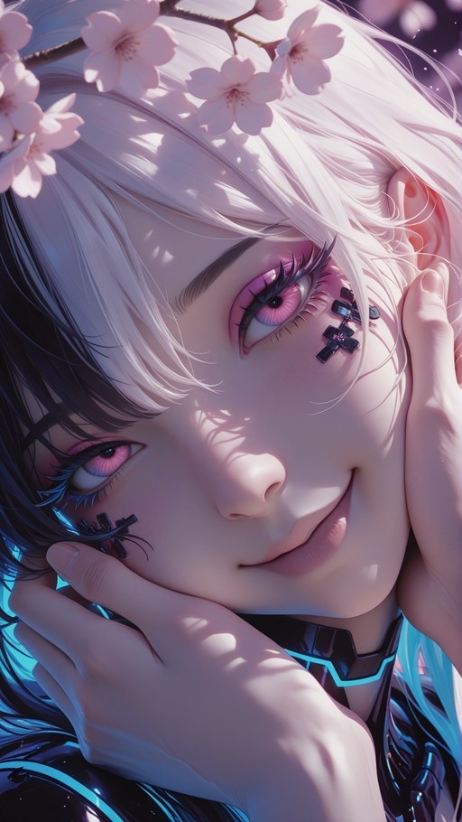 Close-up of an anime girl with black and white hair and pink eyes looking at the viewer while hands hold her cheeks under cherry blossoms.