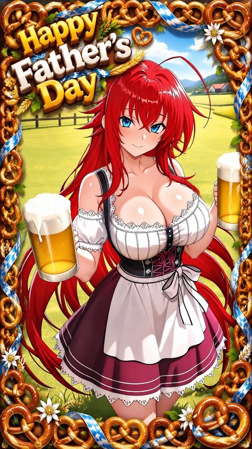 Rias Gremory in a purple and white dirndl holding two beer mugs with a Happy Father's Day sign