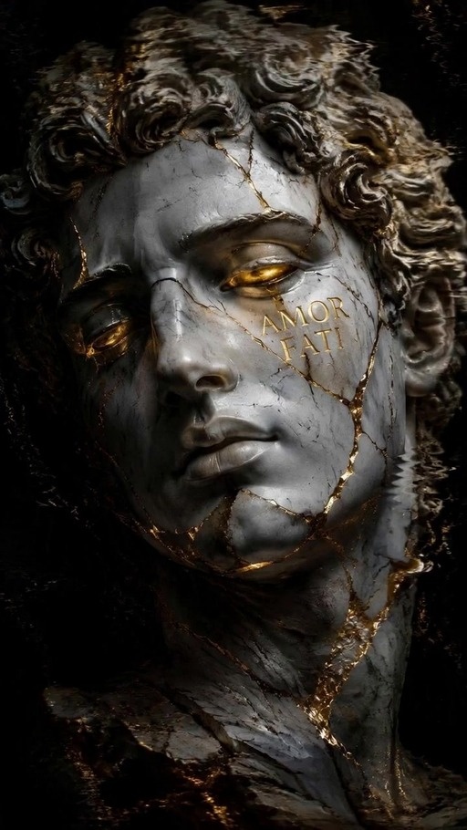 A close-up of a cracked grey marble bust with glowing yellow eyes and the words AMOR FATI inscribed in gold on its cheek.