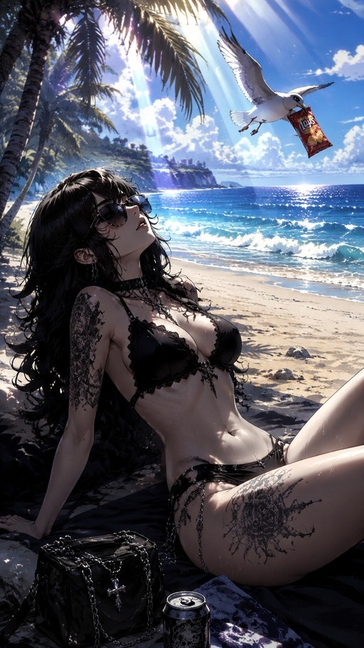 A tattooed woman in a black bikini and sunglasses lies on a beach while a seagull flies above holding a bag of chips.
