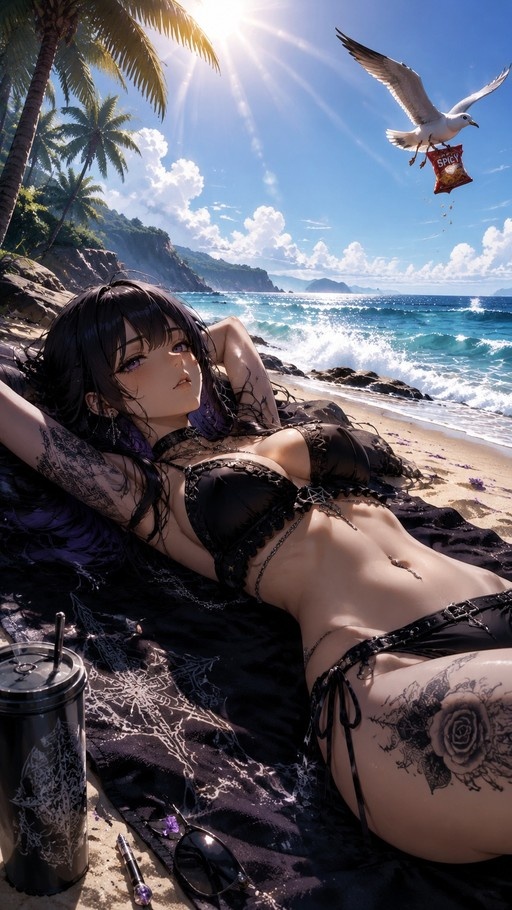 A tattooed anime girl with purple eyes and a black bikini lies on a towel at a sunny beach while a seagull flies overhead carrying a bag of chips.