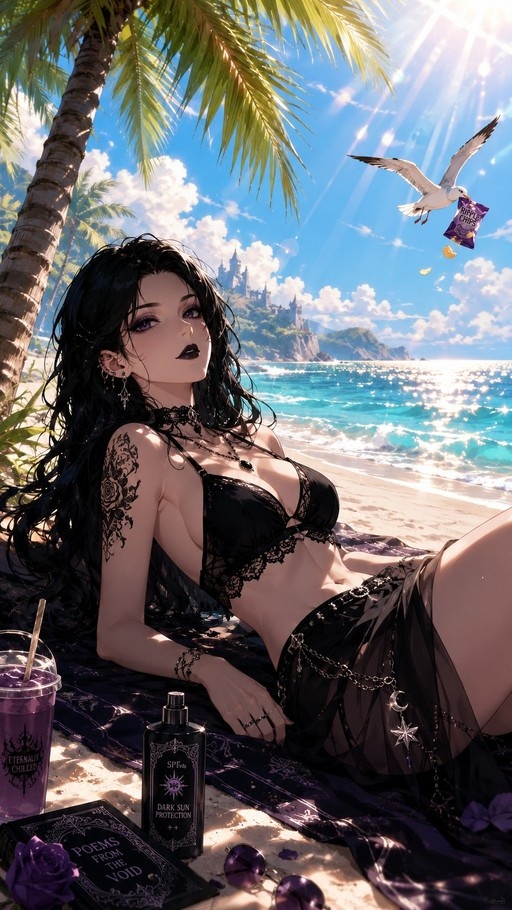 A gothic woman with long black hair and tattoos lies on a towel on a sunny beach wearing a black lace bikini, surrounded by a book and drink while a seagull flies overhead carrying chips.