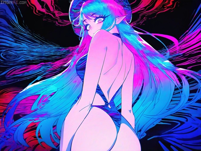 A blue-haired elf girl in a backless swimsuit looks over her shoulder against a neon pink and blue background.