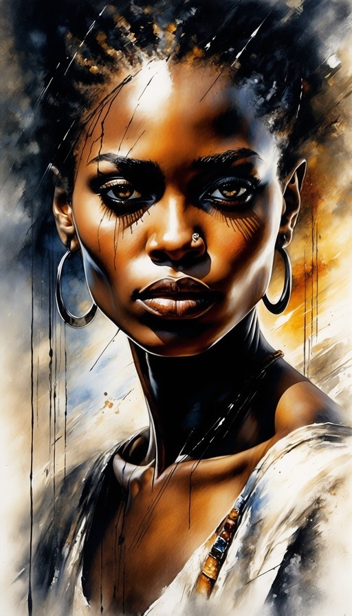 A close-up portrait of a dark-skinned woman with black hair and brown eyes, wearing large hoop earrings and a nose ring, looking directly at the viewer against an abstract background.