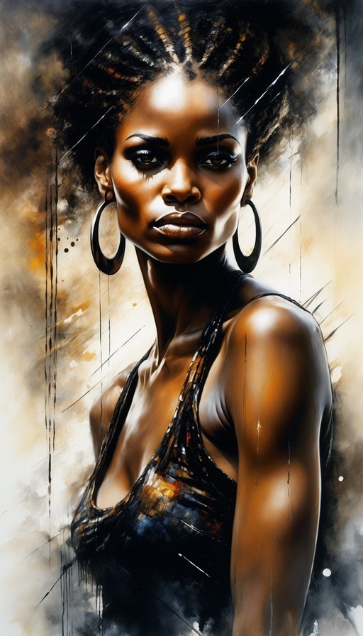 A realistic digital portrait of a dark-skinned woman with dreadlocks and large hoop earrings wearing a black tank top against an abstract painted background.