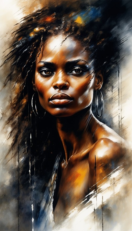 A realistic portrait of a dark-skinned woman with long black hair, large hoop earrings, and a nose piercing, set against an abstract background of brushstrokes.