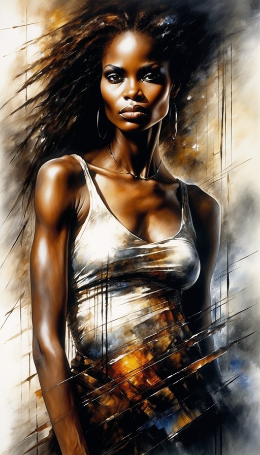 A realistic digital painting of a dark-skinned woman with long flowing hair, wearing a shimmering silver and gold tank top and large hoop earrings against an abstract brown and white background.