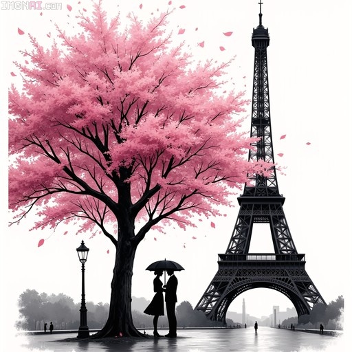 Silhouette of a couple under an umbrella next to a pink cherry blossom tree with the Eiffel Tower in the background.