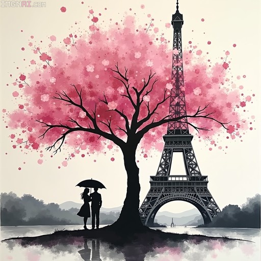 Silhouette of a romantic couple holding an umbrella under a large pink cherry blossom tree with the Eiffel Tower in the background, rendered in a digital oil painting style with water reflections.