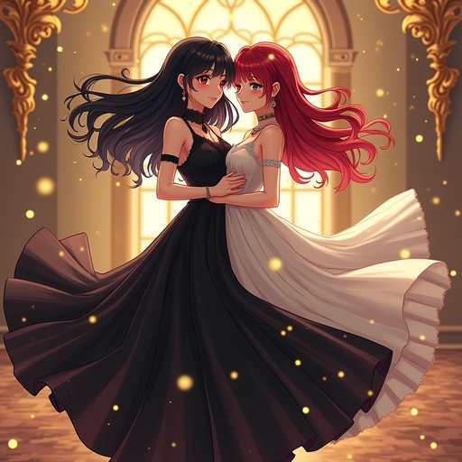 Two anime girls in flowing black and white dresses holding each other while dancing in a golden-lit room with floating light particles.