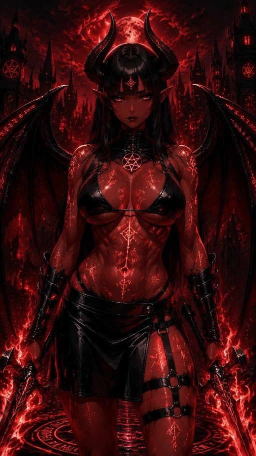A red-skinned demon woman with large black horns and wings stands holding two swords in front of a dark gothic castle.