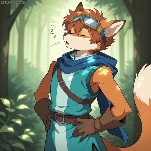 A sleepy anthropomorphic fox boy with orange fur and goggles on his head yawns while standing in a sunlit forest wearing an adventurer's outfit.
