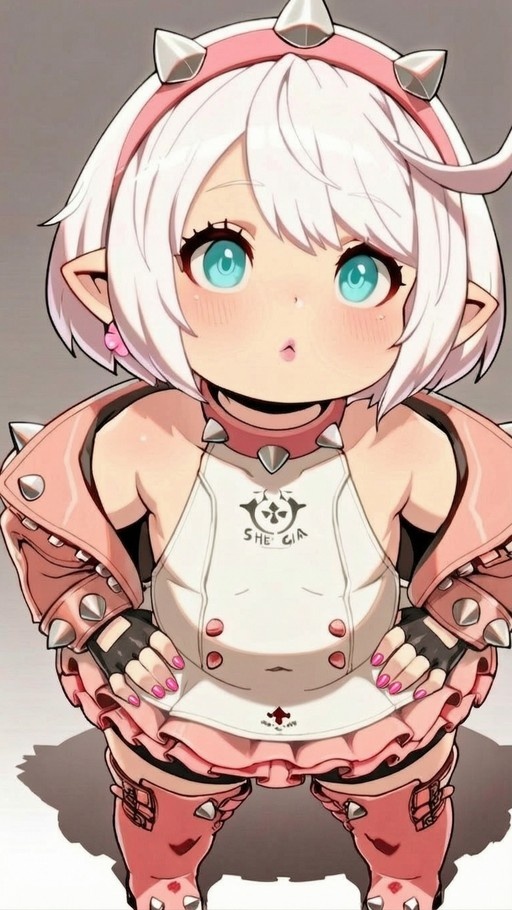 A full-body illustration of Elphelt Valentine as a Lalafell with pointed ears and short white hair, wearing a pink spiked jacket and looking up at the viewer.