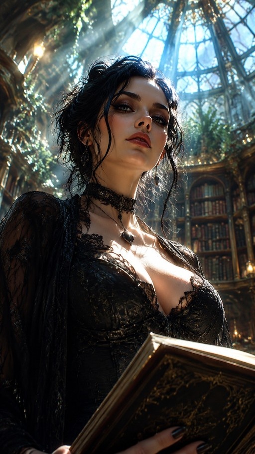 A low-angle shot of a pale woman with dark hair in a black lace dress holding a large book in a sunlit library with tall shelves.