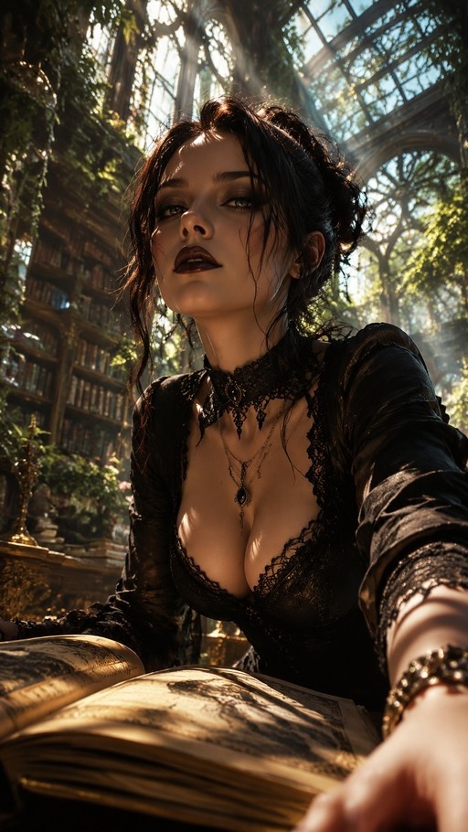 A woman with dark hair in a black lace dress holding an open book in a sunlit room with bookshelves.