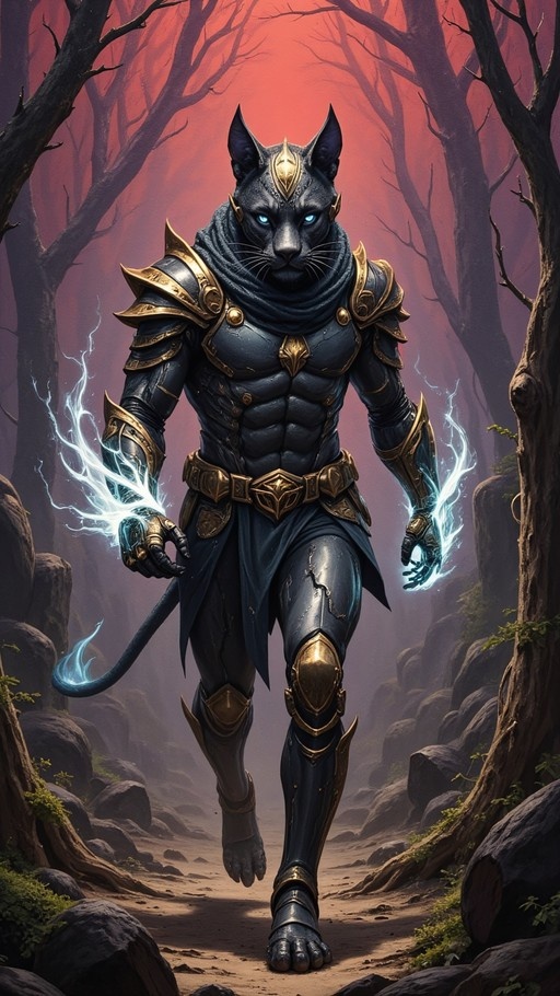 A full-body digital illustration of a muscular anthropomorphic black cat warrior wearing dark armor with gold accents, walking through a forest while conjuring blue electricity in both hands.