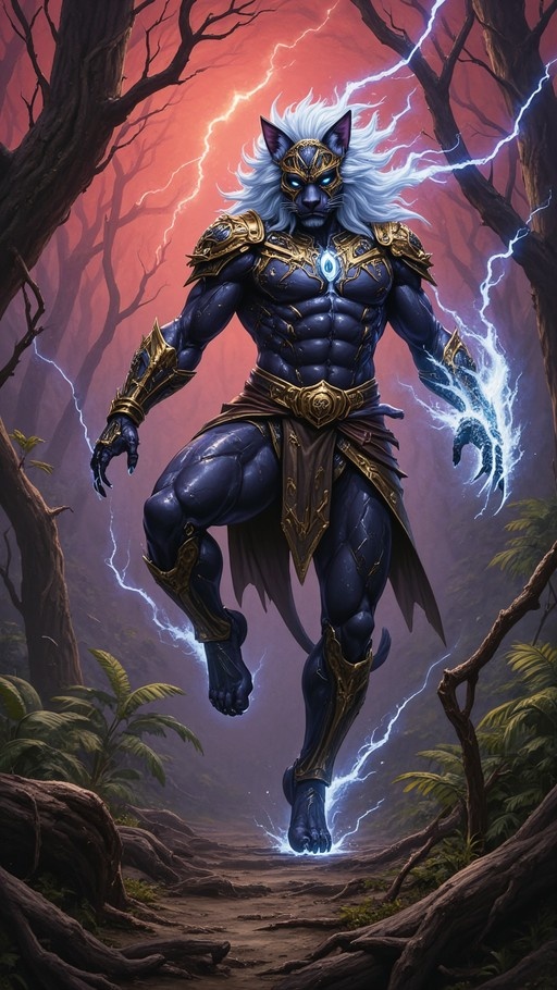 A full-body digital painting of a muscular blue-skinned cat-boy with long white hair and golden armor standing in a dark forest while lightning strikes around him.