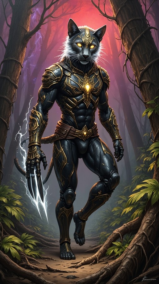 A full-body shot of a muscular anthropomorphic black cat with white neck fur and yellow eyes, wearing ornate black and gold armor while holding a glowing claw blade in a forest.