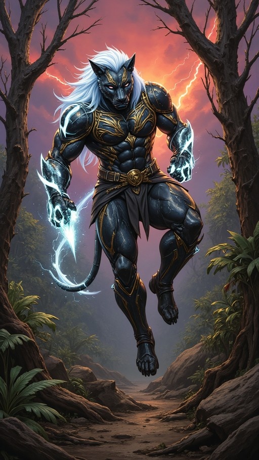 A muscular black-furred panther man with long white hair and gold armor floats in a forest path while blue electricity surrounds his hands.