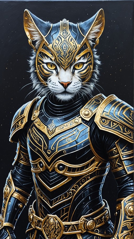 An anthropomorphic cat character wearing ornate black plate armor with gold accents and a helmet, featuring yellow eyes and whiskers.