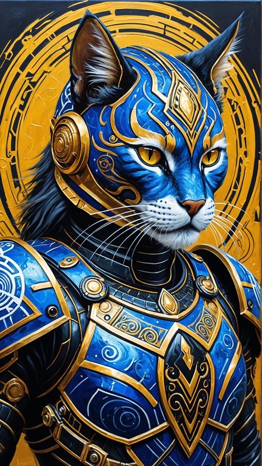 A close-up portrait of a blue cat with yellow eyes wearing elaborate blue and gold fantasy armor against a golden circular background.