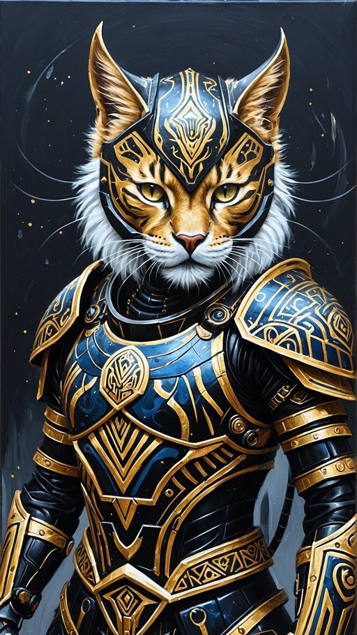 A digital illustration of an anthropomorphic orange tabby cat wearing intricate blue and gold armor. The cat has yellow eyes, white fur on its chest and cheeks, and wears a helmet with large ears.