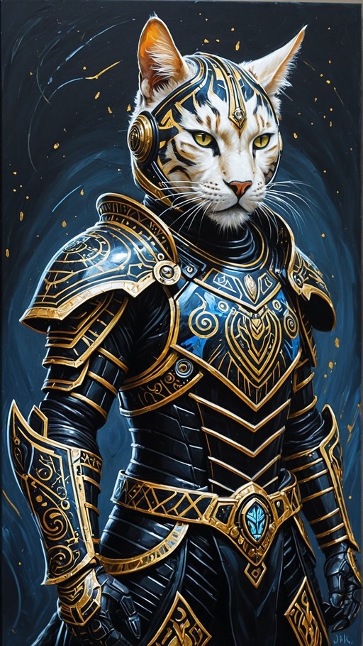A white tabby cat wearing elaborate black and gold fantasy armor with a matching helmet against a dark background.