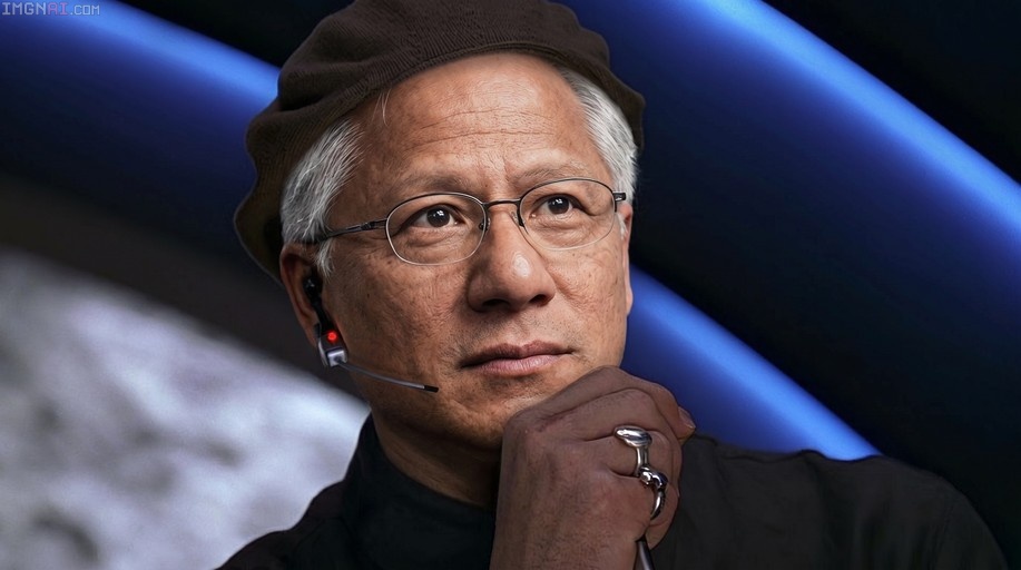 A realistic portrait of Jensen Huang wearing a brown beret, glasses, and an earpiece headset while resting his chin on his hand.