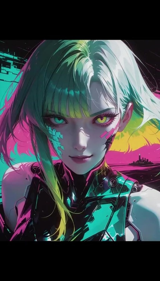 A close-up animation of Lucy from Cyberpunk: Edgerunners with green and yellow eyes, multicolored hair, and facial cybernetics against a pink and teal background.