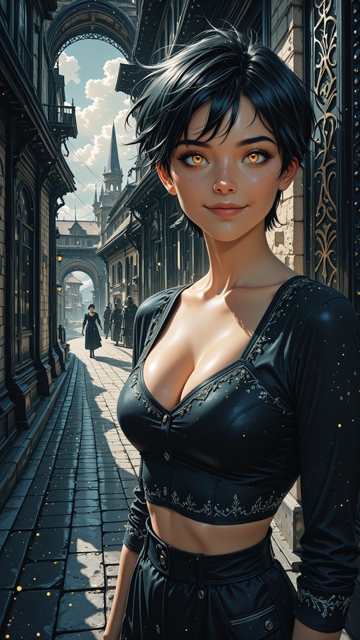 A digital illustration of a young woman with short black hair and orange eyes standing in a fantasy city street, wearing a dark embroidered crop top.
