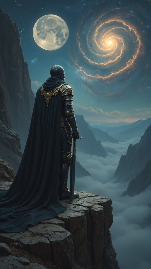 A fantasy knight in detailed black plate armor and a flowing dark cape stands on a rocky precipice holding a sword upright, gazing out at a night sky dominated by a large full moon and a vibrant orange spiral galaxy above misty mountain ranges.