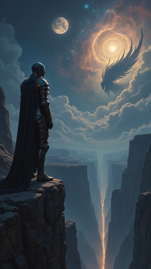 An armored warrior stands on a rocky cliff overlooking a deep canyon, gazing at a large winged creature flying near a swirling golden nebula and full moon in the starry sky.