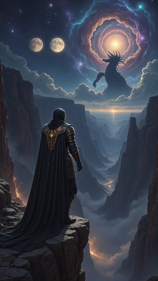 An armored figure in a black cape stands on a rocky precipice, facing a massive dragon silhouette emerging from a swirling cosmic nebula above twin moons.