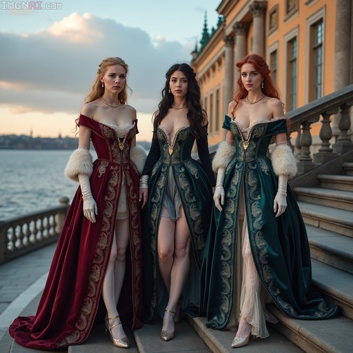 Three women in elaborate 18th-century red and green velvet gowns with fur stoles standing on stone steps near water at dusk.