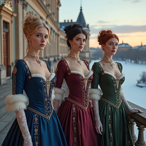 Three women in elaborate blue, burgundy, and green velvet gowns with white fur trim stand side-by-side on a terrace overlooking a snowy landscape at dusk.