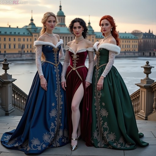 Three women in elaborate blue, red, and green 18th-century gowns standing on a stone staircase with the Royal Palace of Stockholm in the background at dusk.