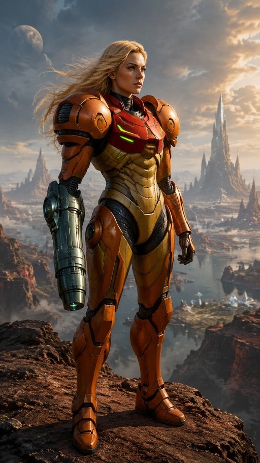 Samus Aran in orange Varia suit standing on a cliff with an arm cannon