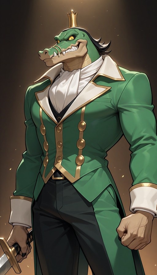 King K. Rool wearing a green military coat and gold crown while holding a sword.