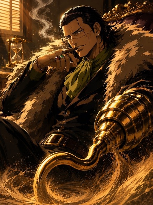 A digital illustration of Crocodile from One Piece sitting and smoking a cigar, wearing a fur coat with his golden hook visible amidst swirling sand.