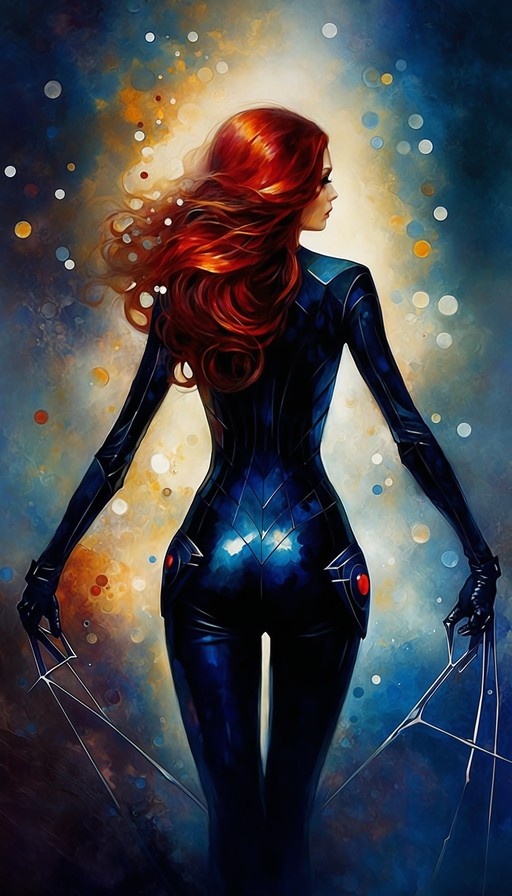 A woman with long flowing red hair stands with her back to the viewer wearing a dark blue bodysuit with a white spider-web pattern on the lower back. The background features abstract blue and gold bokeh lights.