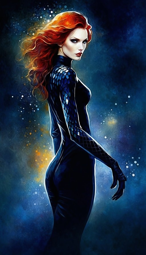 A red-haired woman in a black bodysuit looks back over her shoulder against a blue starry background.