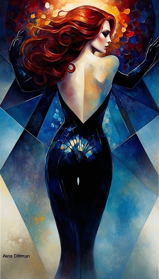 A digital painting of a woman with long flowing red hair wearing a black backless dress with blue and yellow stained-glass patterns on the lower half, looking over her shoulder against an abstract background.