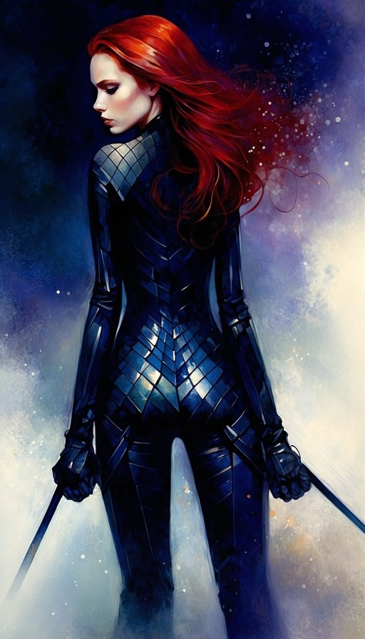 A red-haired woman in a dark blue scaled bodysuit holds dual swords while looking back over her shoulder against a cosmic background.