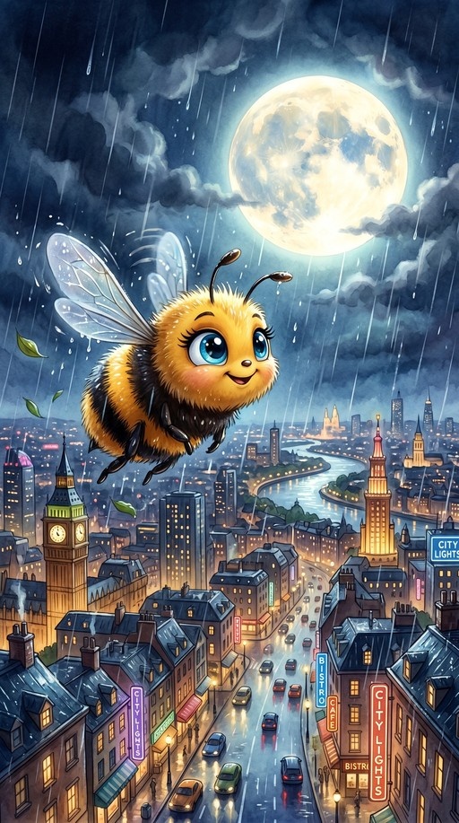 A large, friendly bee with translucent wings flies through rain over a lit city street at night, with a giant full moon and clock tower in the background.