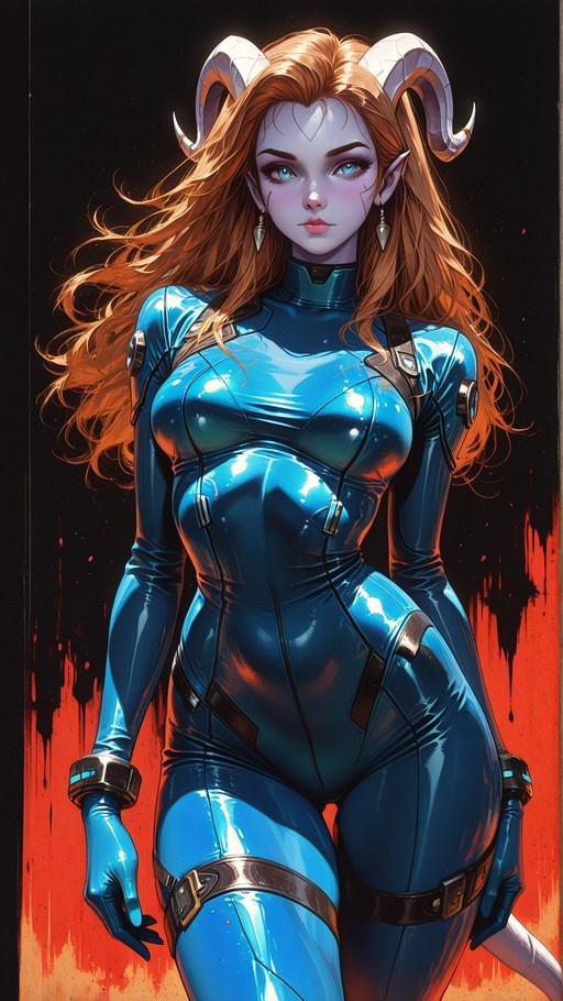 Portrait of a pale-skinned demon girl with large curved horns and long red hair, wearing a tight metallic blue bodysuit with black straps against a dark background.